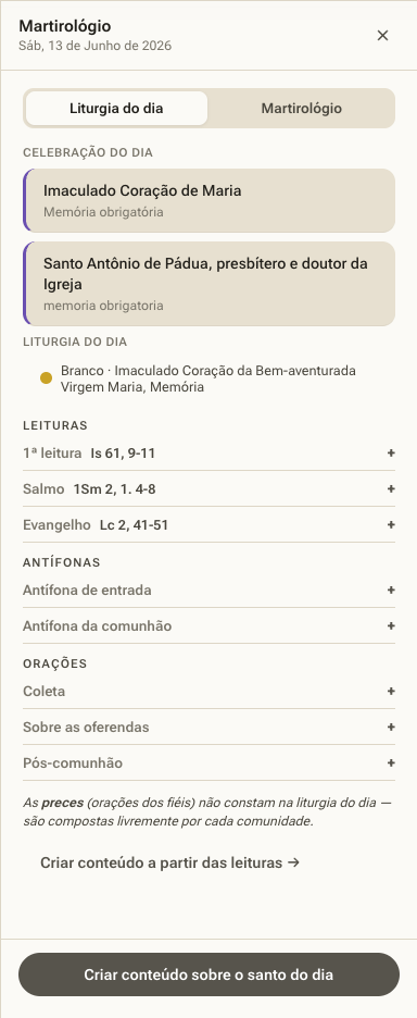 Painel Liturgia do dia: celebração, cor litúrgica, leituras, antífonas e orações.