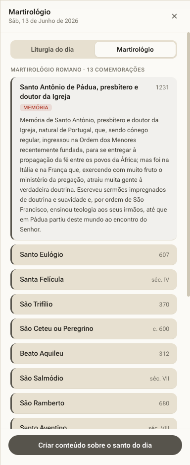 Painel do Martirológio: santo principal com elogio e a lista de todas as comemorações do dia.