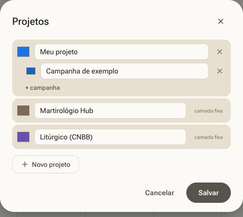 Painel Gerenciar projetos: projetos com cor, campanhas, e as camadas fixas do Hub.