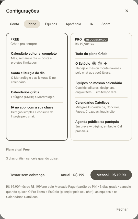 Comparativo Free × Pro nas Configurações do Ordo.