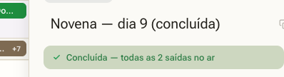 Indicador 'Concluída — todas as saídas no ar' no topo do painel.